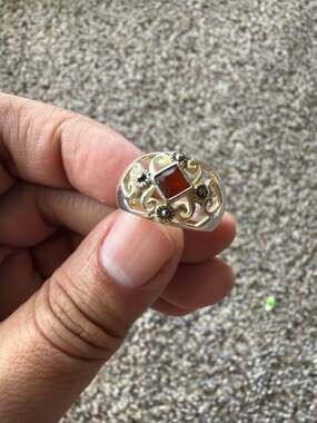CN 925 Sterling Silver Marcasite and Garnet Filigree Vintage Style Ring